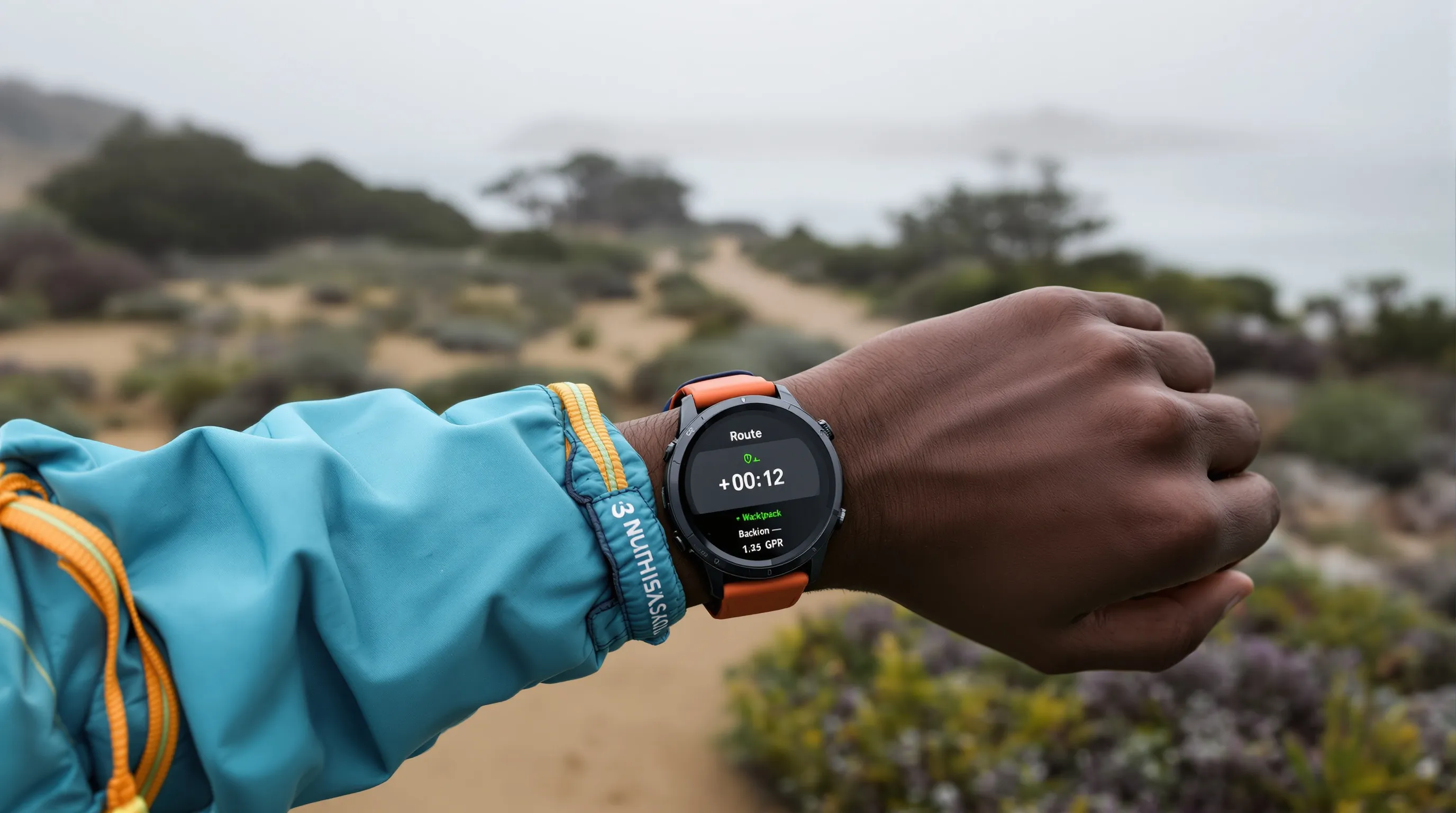 Runner checks smartwatch route at a foggy coastal trail fork in the US.