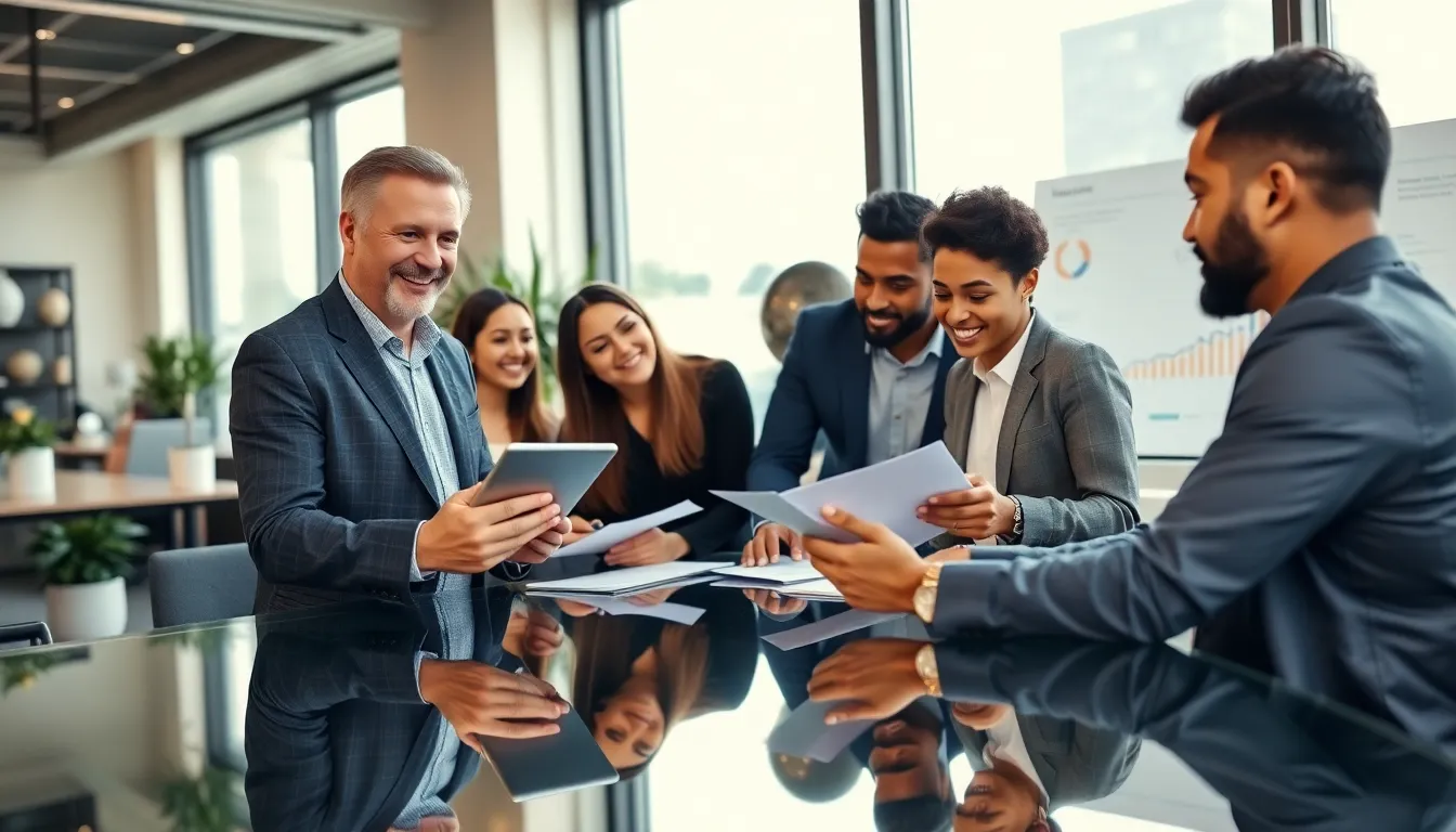 Timothy and a diverse team collaborating in a modern real estate office.