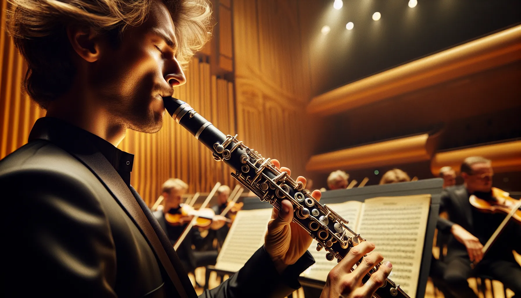Oboens rolle i klassisk musikk 2 Close-up of an oboist giving the a in a wood-paneled concert hall.
