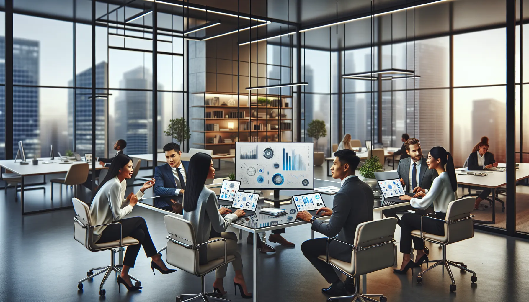 diverse professionals brainstorming in a modern office setting.