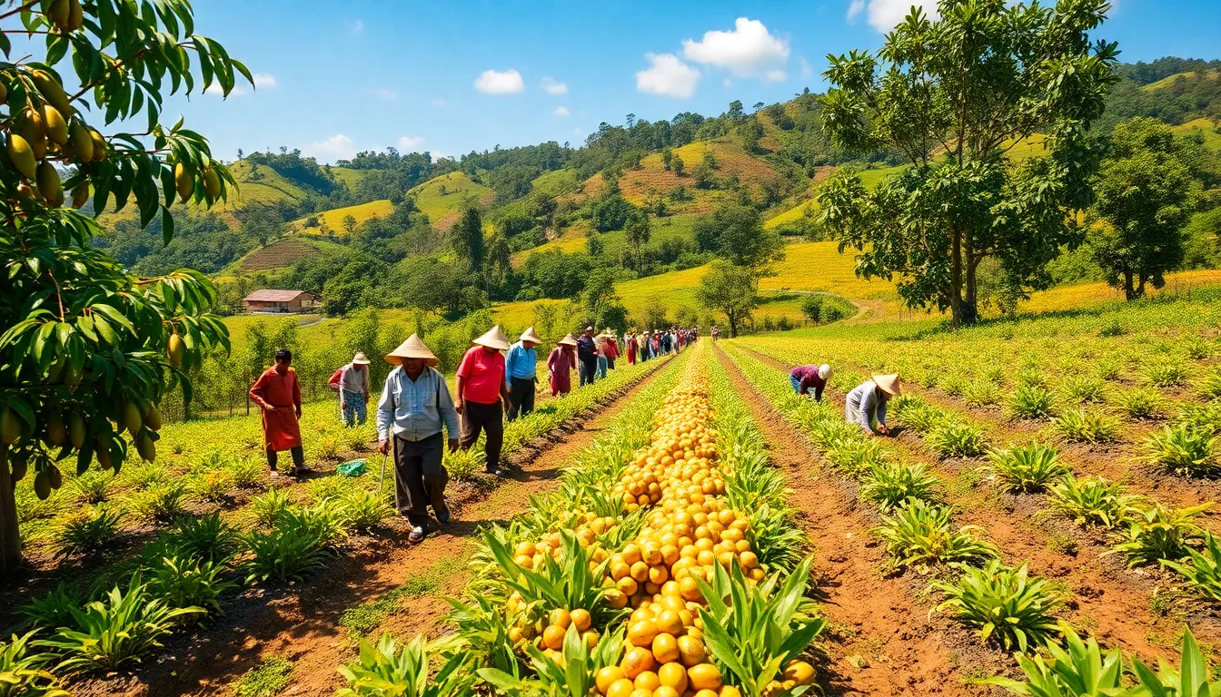 farmers harvesting nuts in a lush tropical setting.