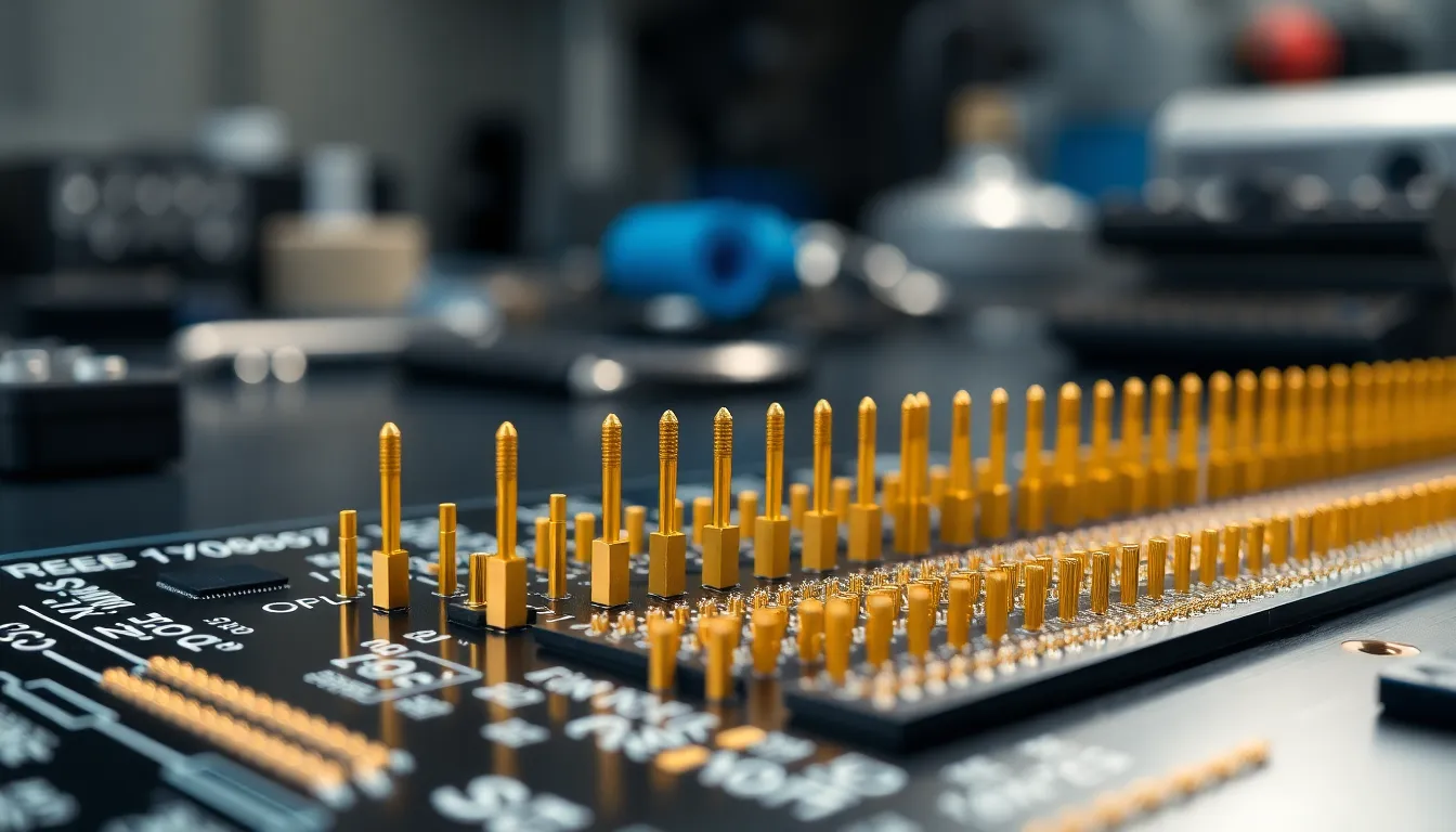 Close-up of SMT pogo pins on a modern printed circuit board.