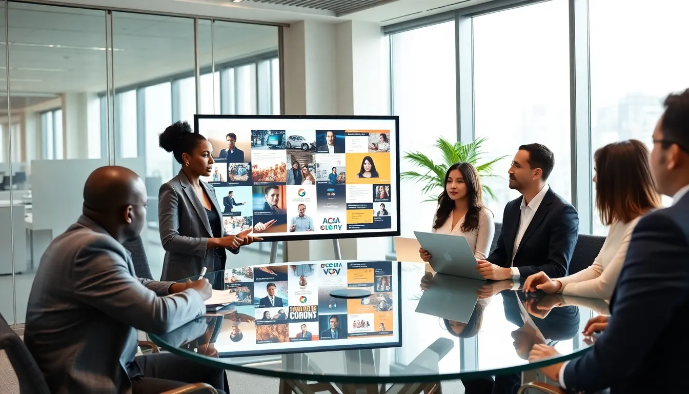 diverse professionals collaborating on a media analysis essay presentation.