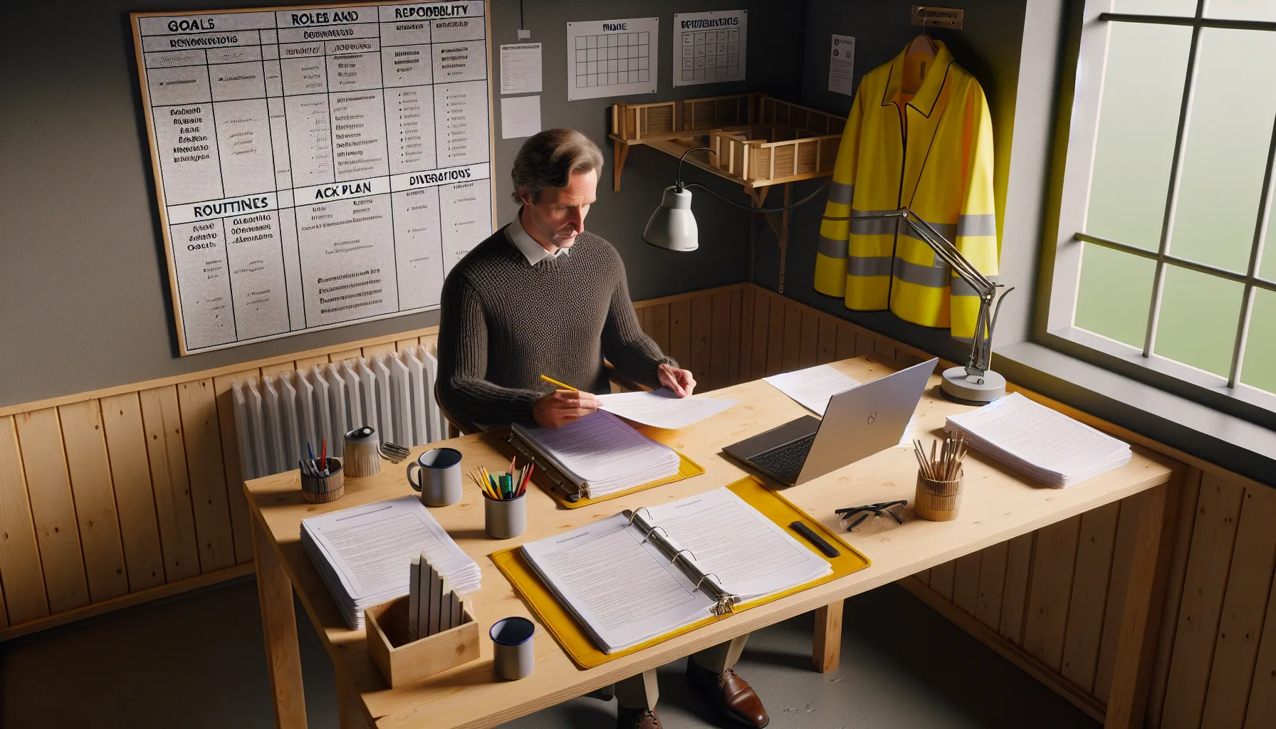 Manager in a small norwegian office writing an hms plan binder.