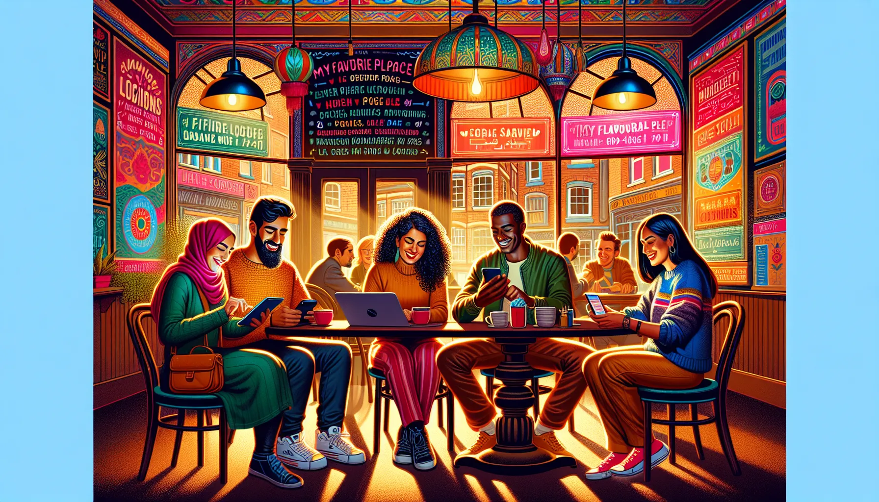 diverse group sharing stories in a cozy caf&eacute;.