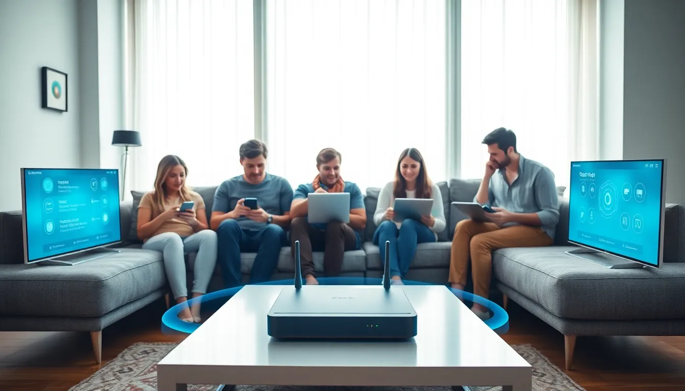 family engaging with smart devices in a modern living room.