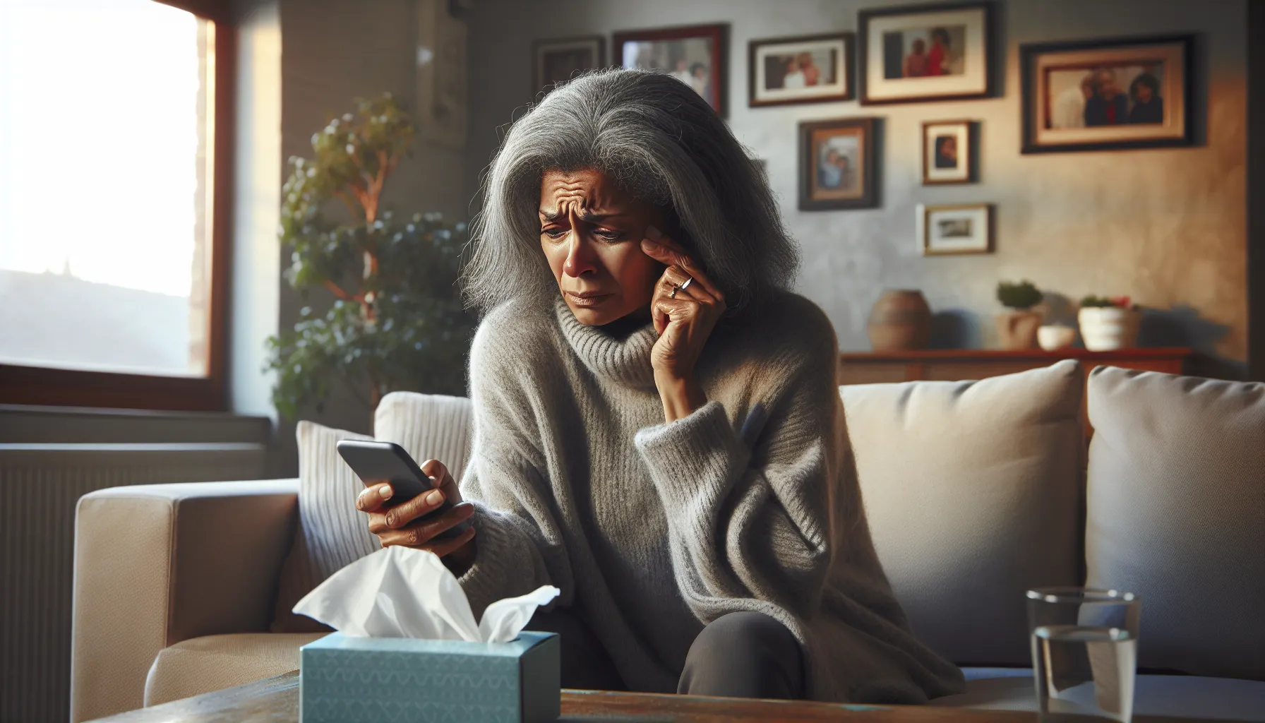 A woman researching symptoms on her phone in a cozy living room.