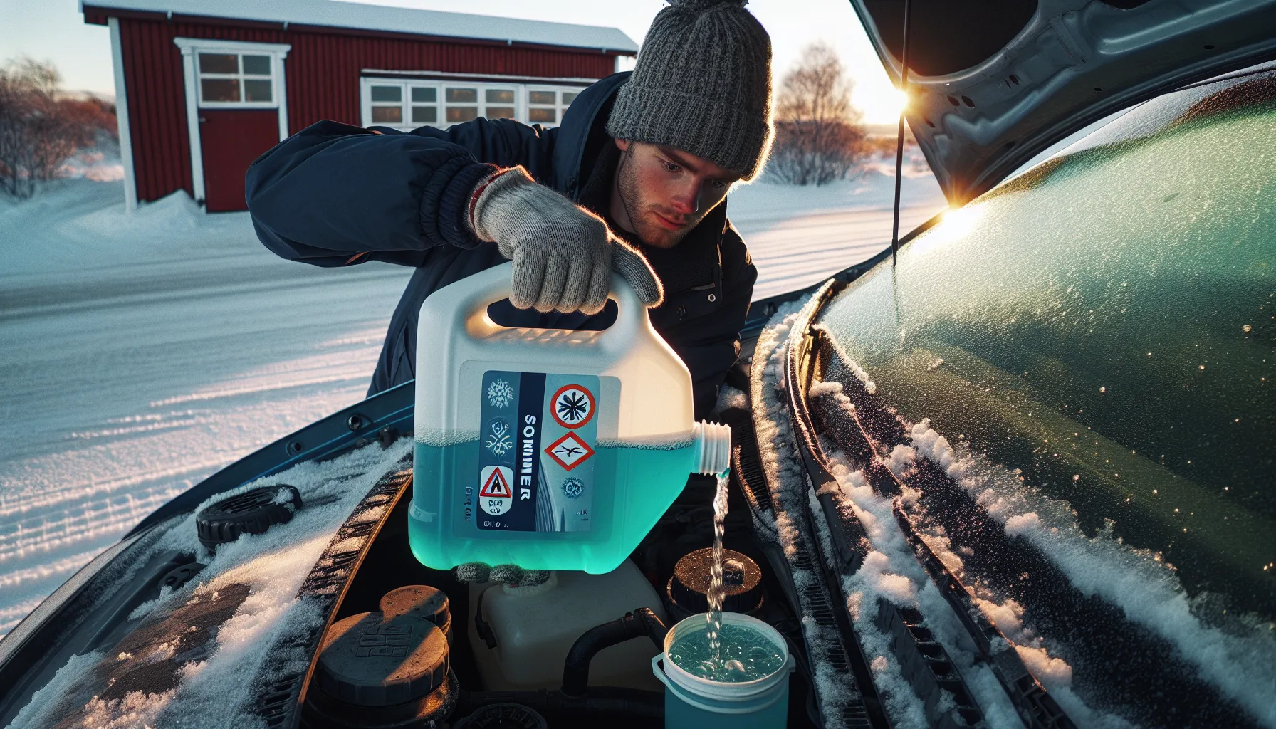 Person pouring blue washer fluid into car reservoir on a snowy norwegian morning.