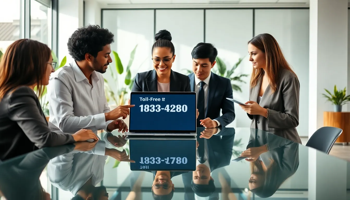 diverse team discussing toll-free number in a modern office.