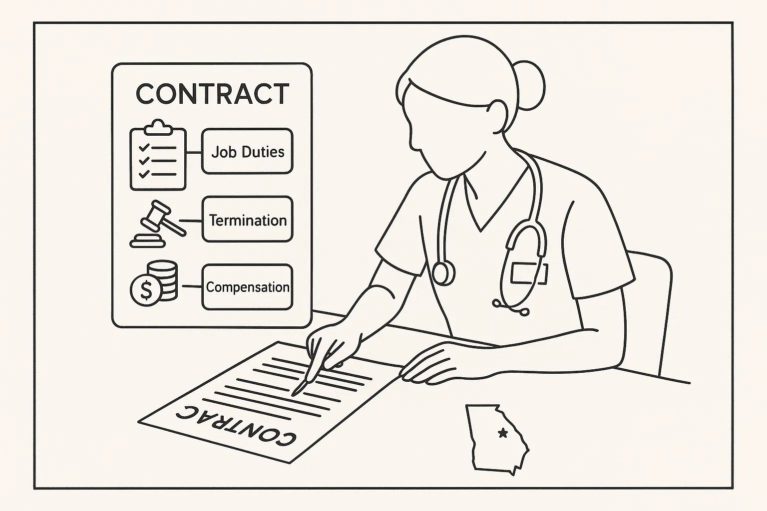 Nurse practitioner at desk reviewing a contract with icons for duties, termination, compensation.