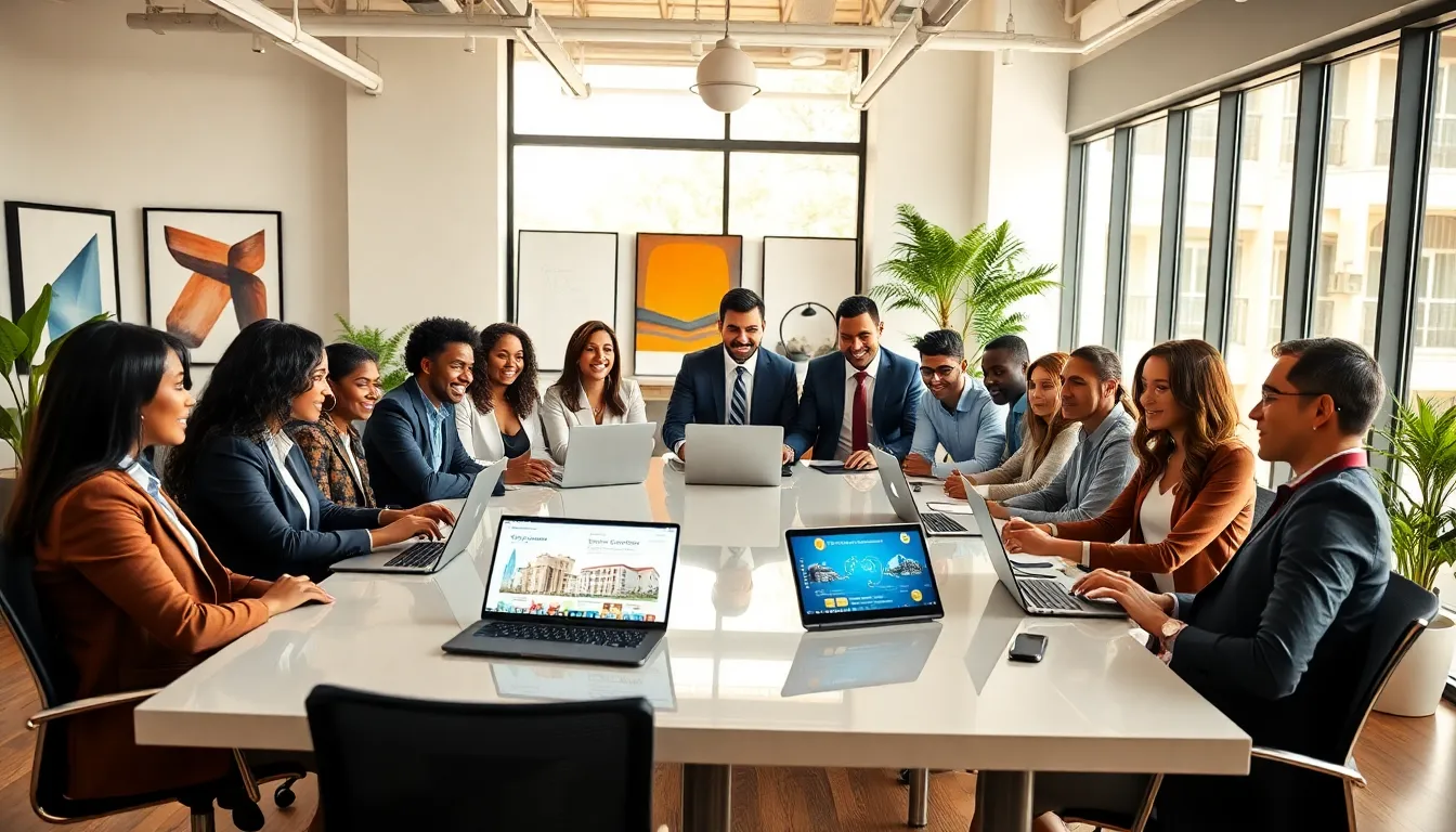 diverse real estate team collaborating in a modern office.