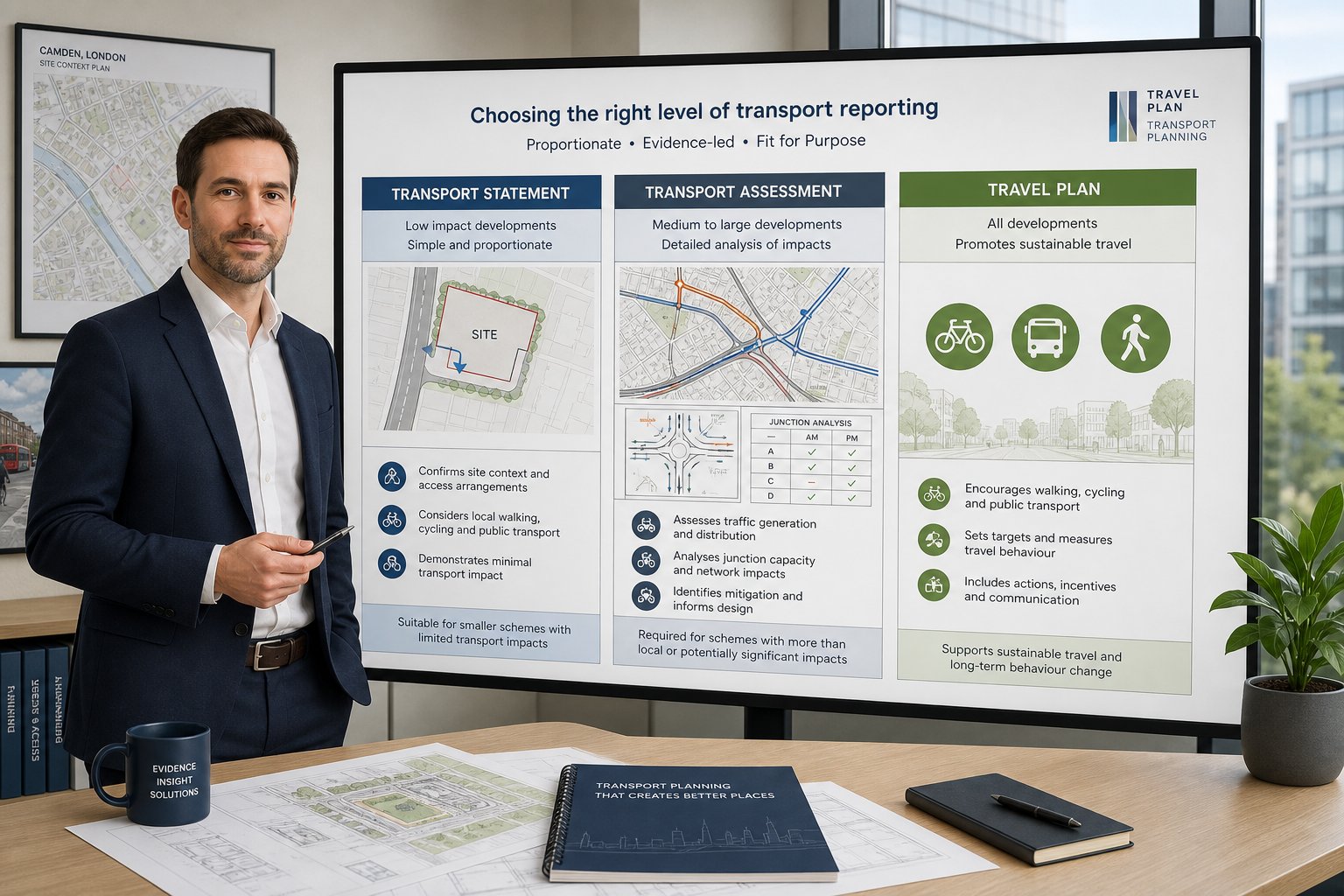 Transport consultant comparing statement, assessment and travel plan in a modern office.