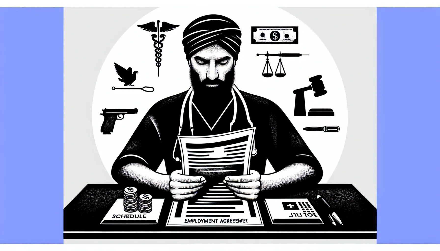 Veterinarian at desk reviewing an employment contract with five icons and Washington outline.