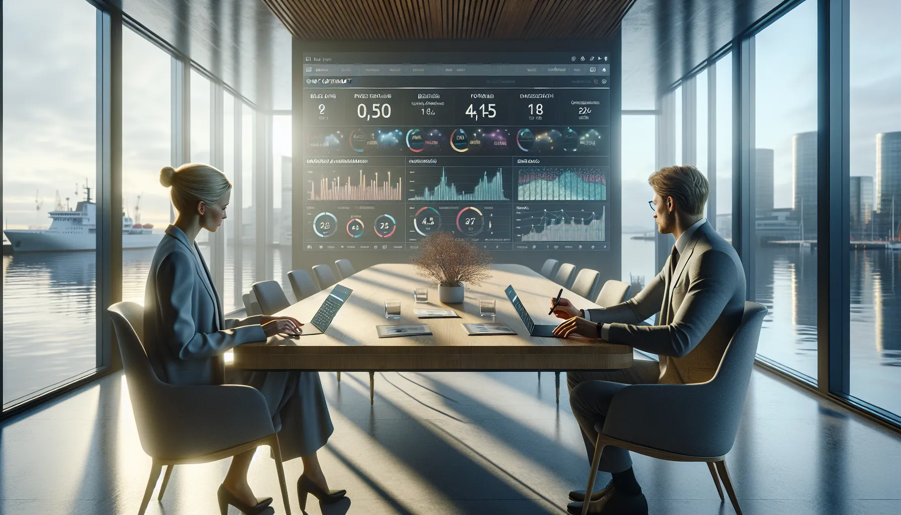 Two norwegian business partners agree on a digital smart contract in a modern office.