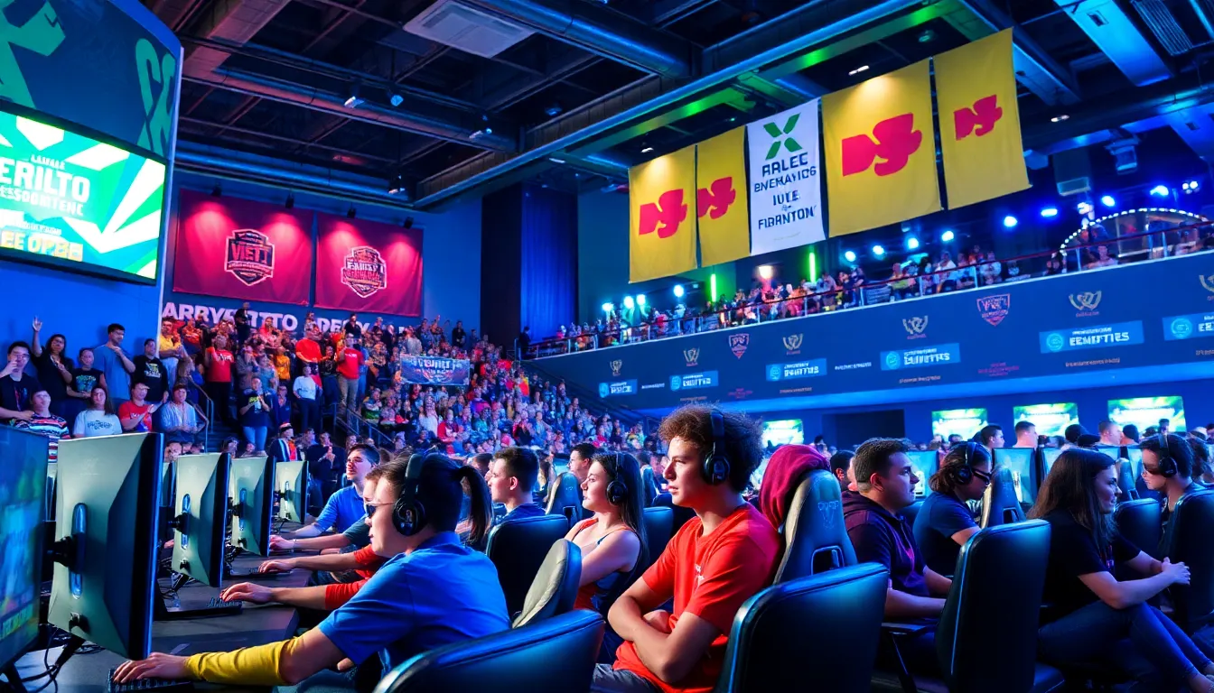 modern esports arena in Ohio with diverse gamers and spectators.