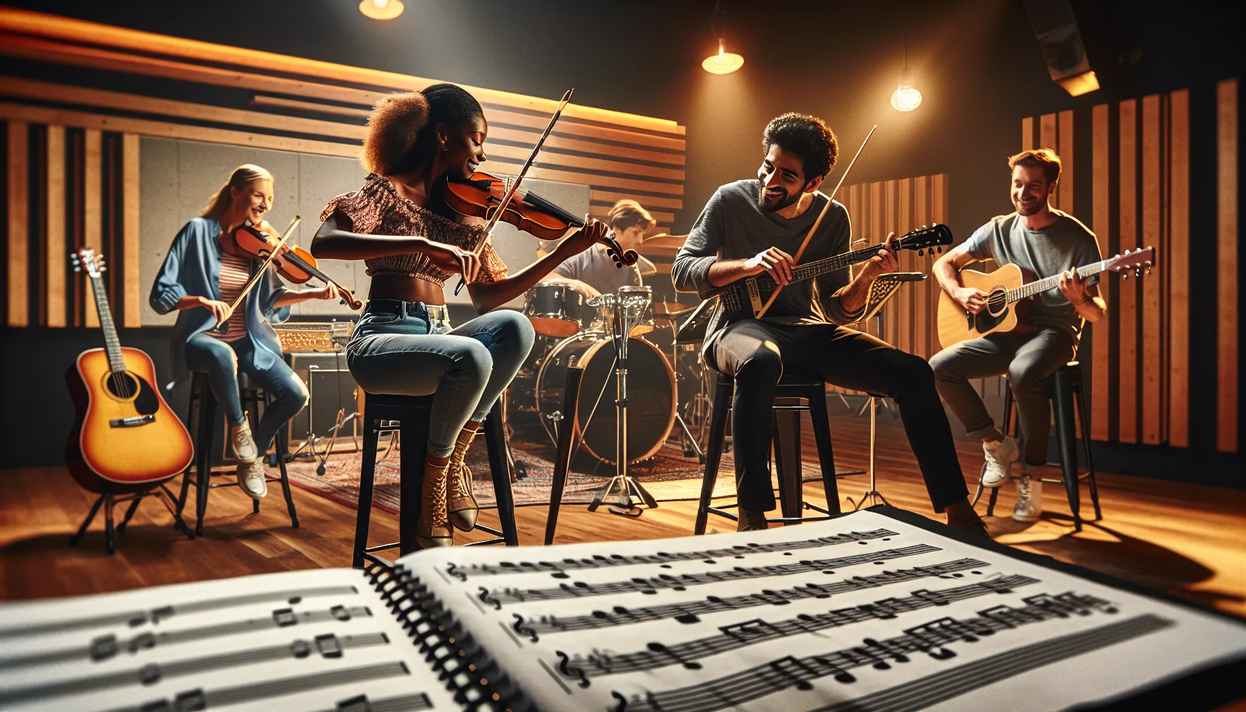 a diverse group of musicians in a rehearsal session.