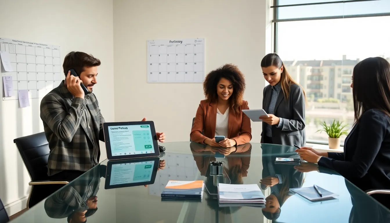 diverse team discussing junk hauling services in a modern office.