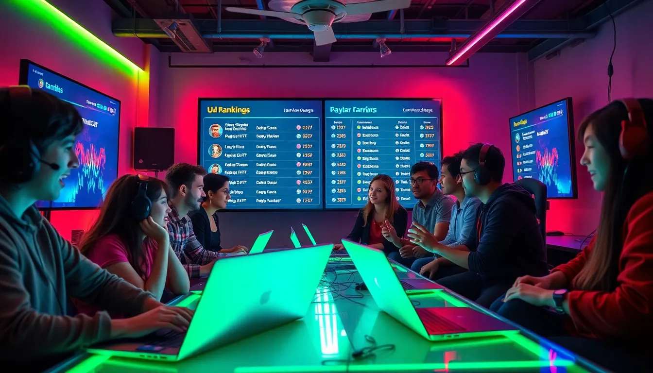 diverse gamers engaging with a digital ranking system in a modern lounge.