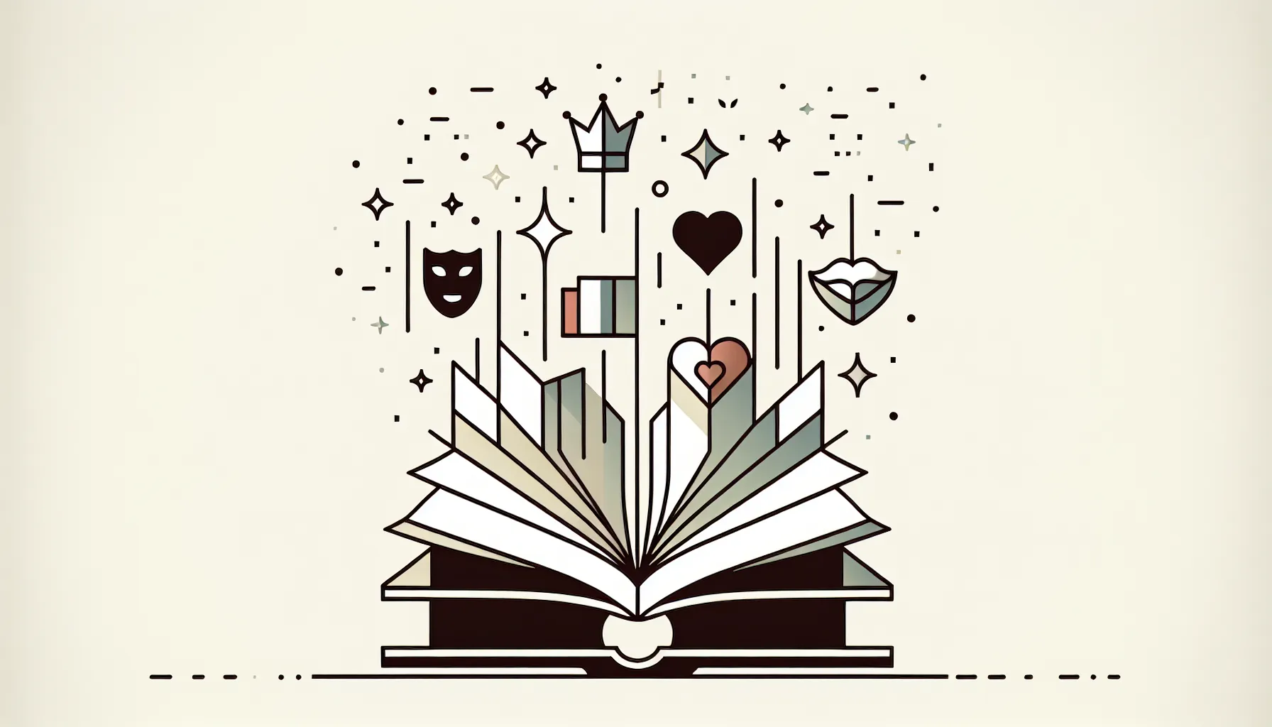 Open book with floating symbols representing different literary genres