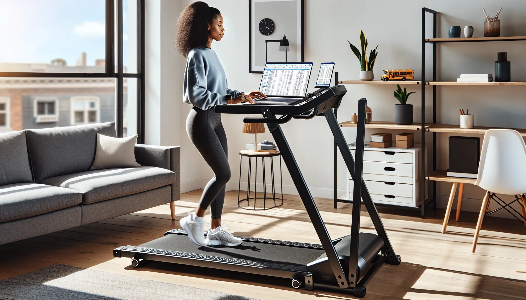 Woman walking on folding treadmill desk, typing on laptop in sunlit living room.