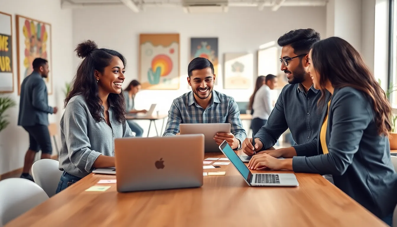 diverse professionals collaborating in a modern workspace.