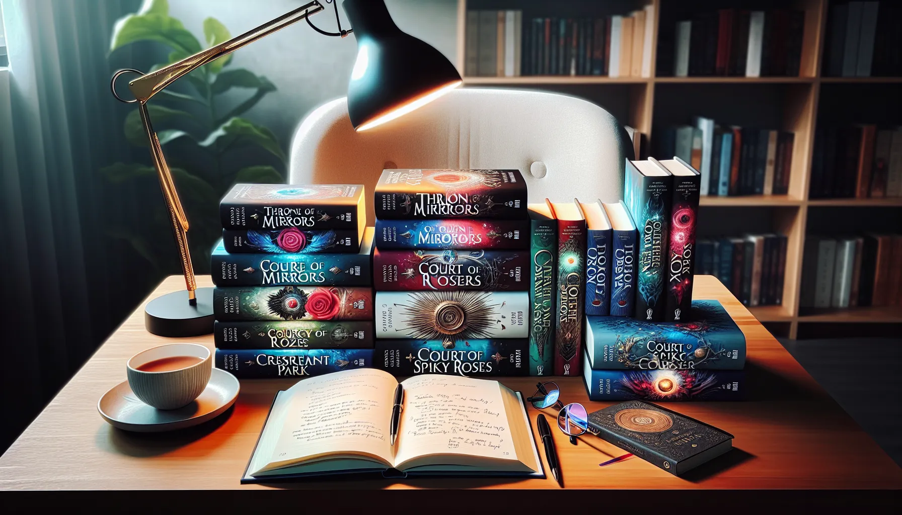 array of Sarah J. Maas books on a wooden surface with cozy reading elements.