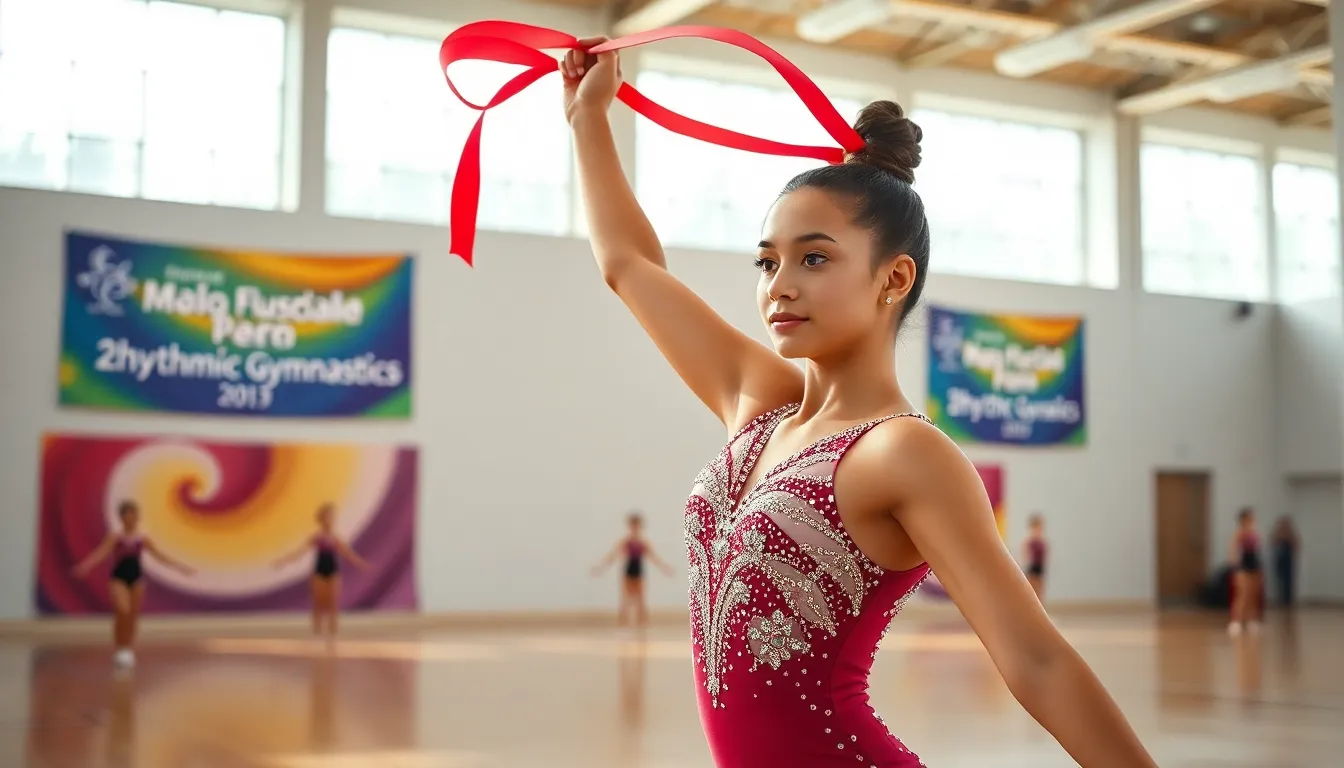 a rhythmic gymnast performing with a red ribbon in a bright gymnasium.