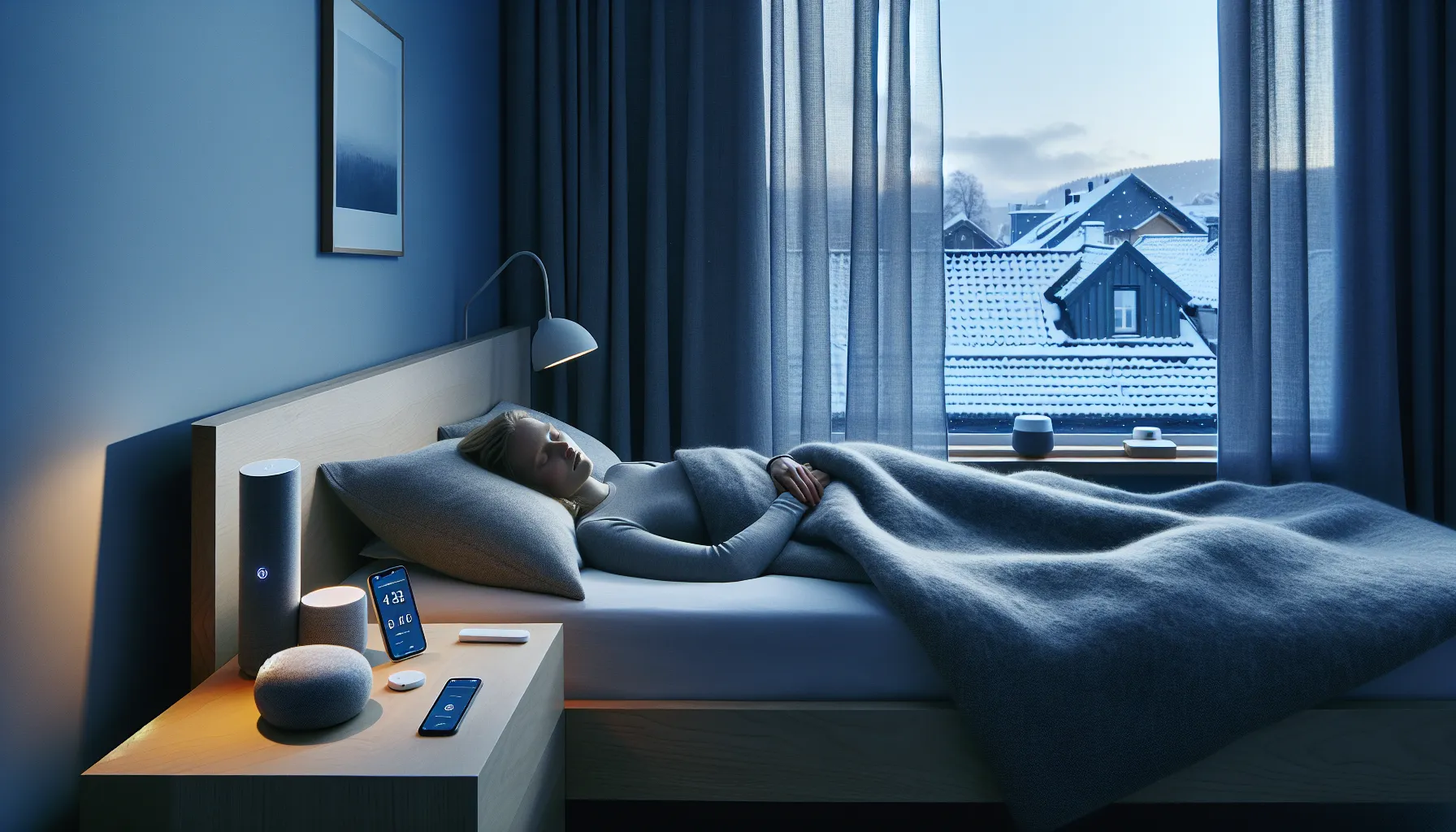 Norwegian woman sleeping peacefully as subtle smart devices track sleep and air.