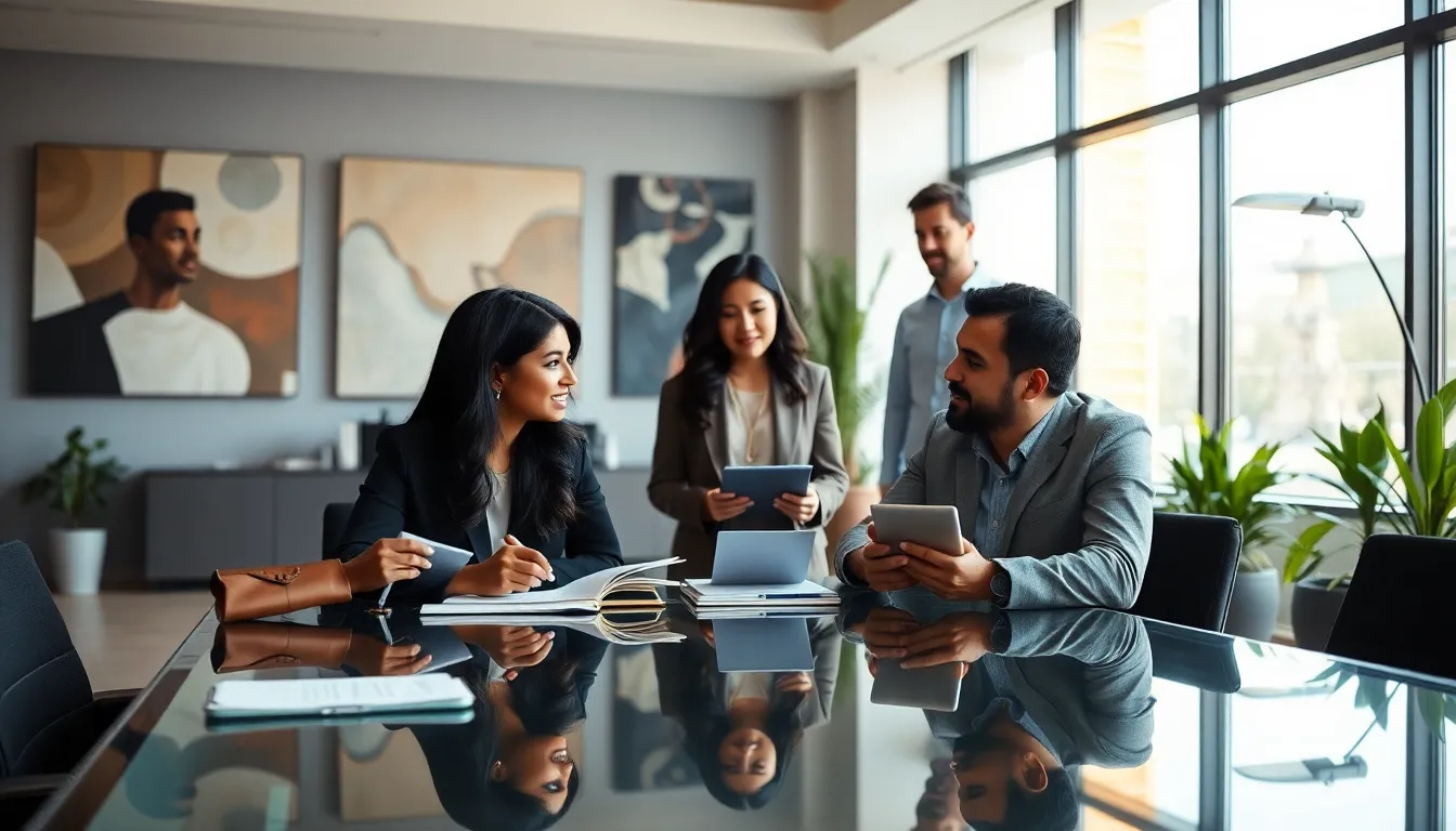 diverse professionals engaging in discussion in a modern office.