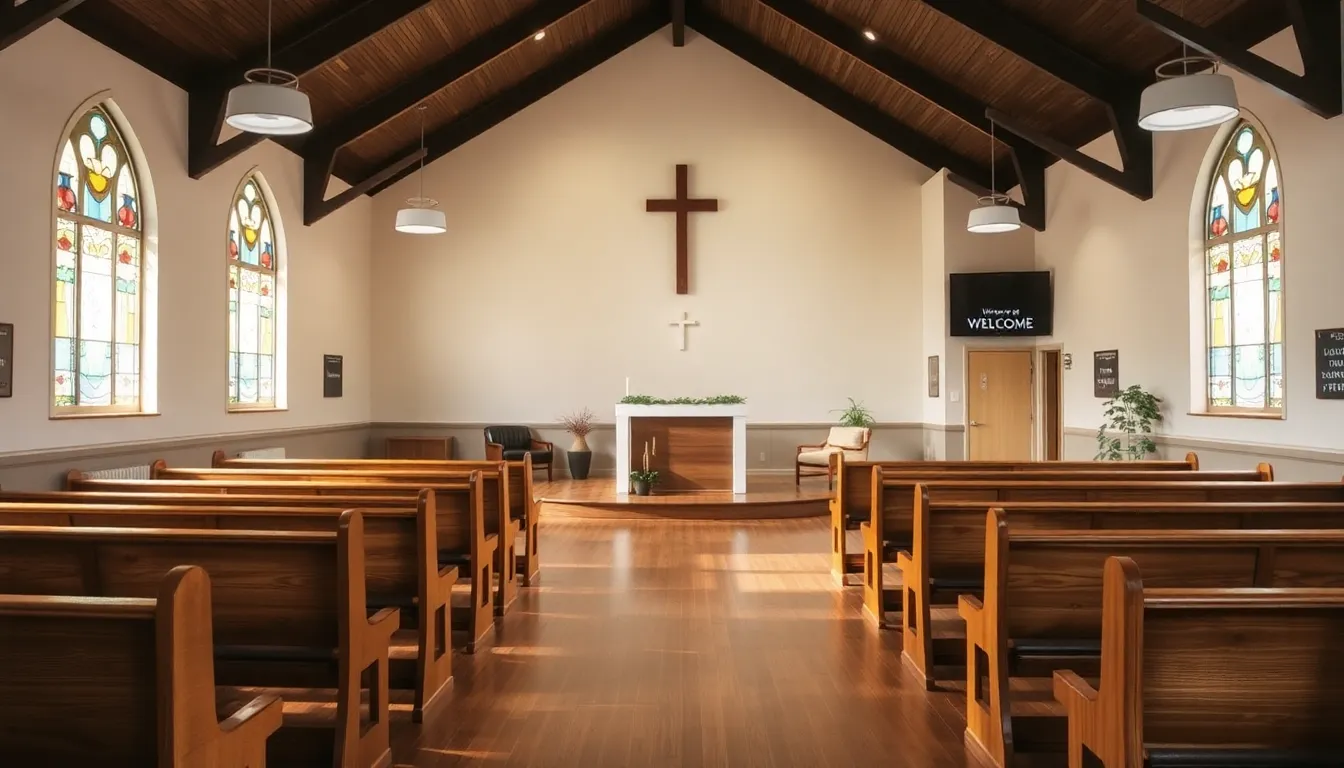 inviting small church interior with warm lighting and comfortable seating.