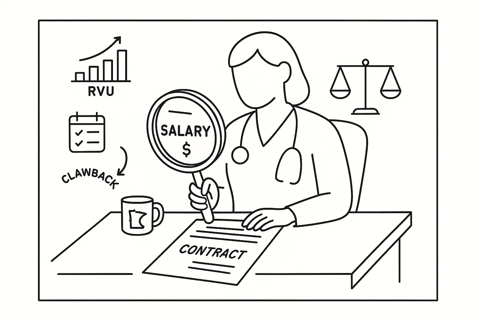 Nurse practitioner examining a contract with magnifying glass and compensation icons.