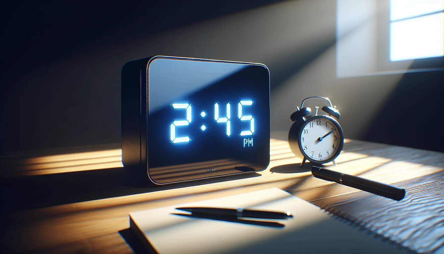 a digital clock showing 2:45 PM with an analog clock in the background.