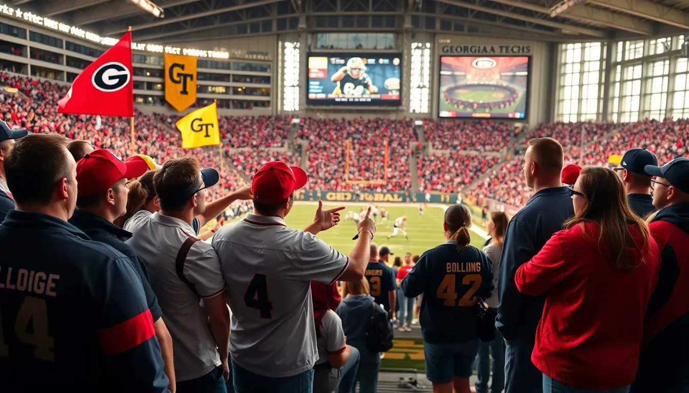 Georgia vs Georgia Tech fans cheering in a stadium.
