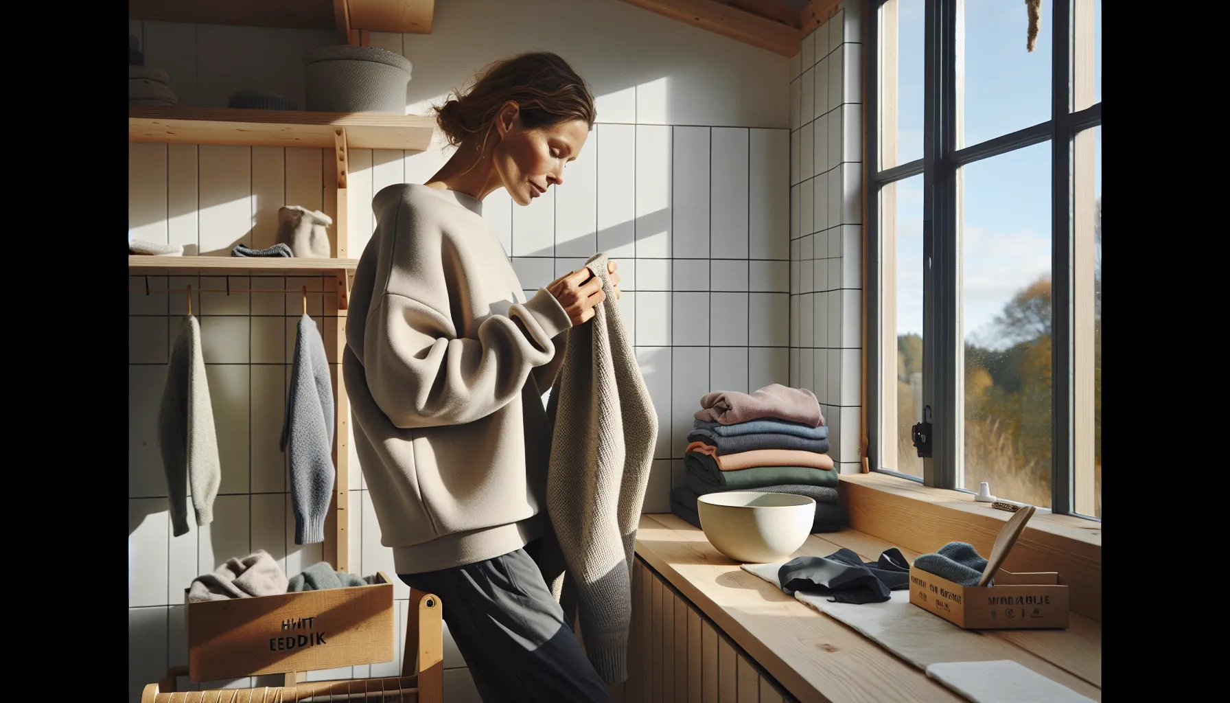 Norwegian woman checks a dry wool sweater in a sunlit laundry room.