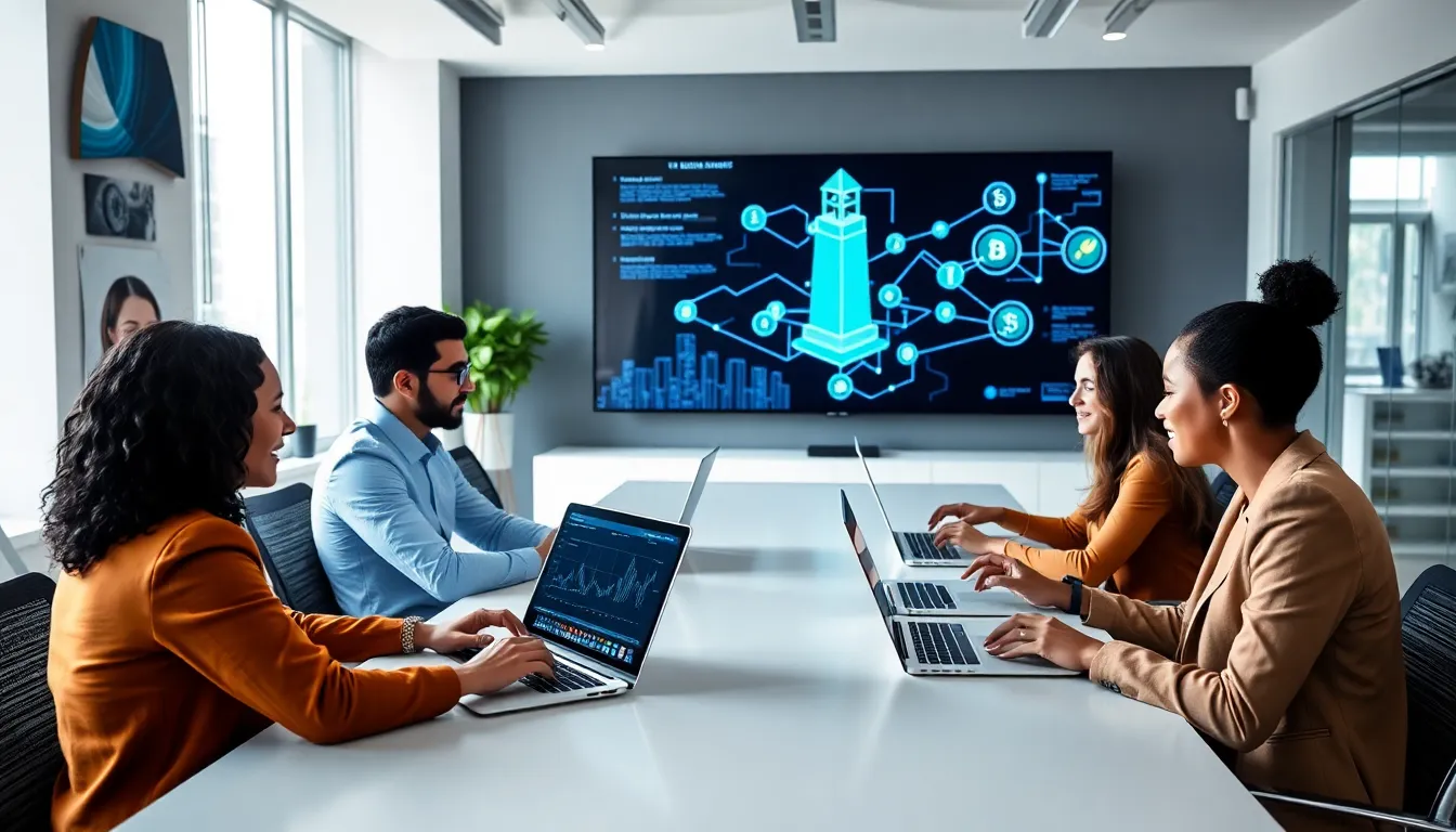 diverse team discussing blockchain in a modern office setting.