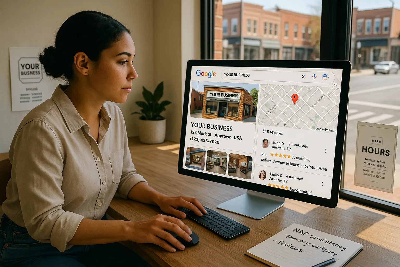 Small business owner updating her Google Business Profile listing on Google Maps.