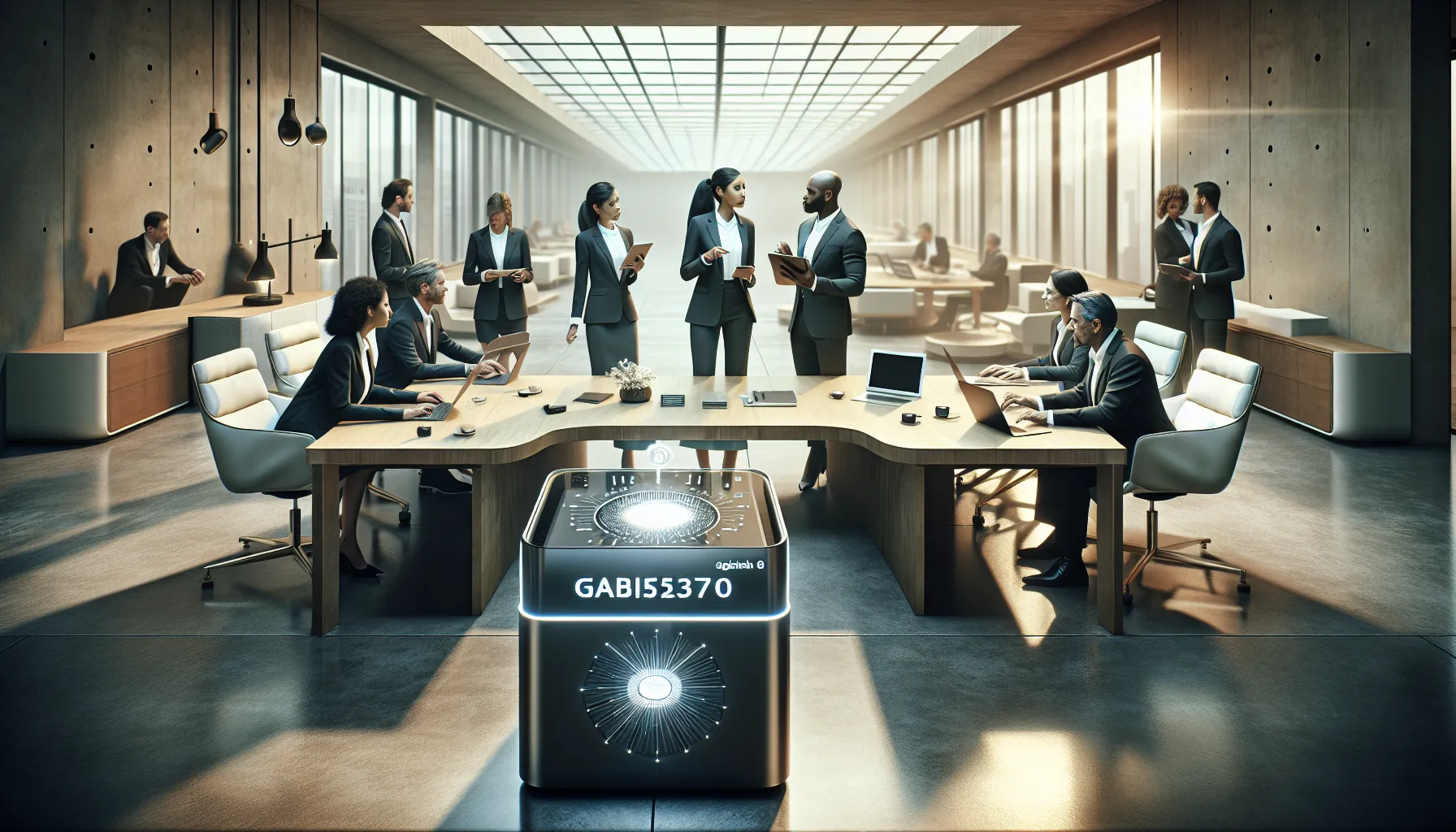 diverse professionals collaborating in a modern office around Gabi52370 device.