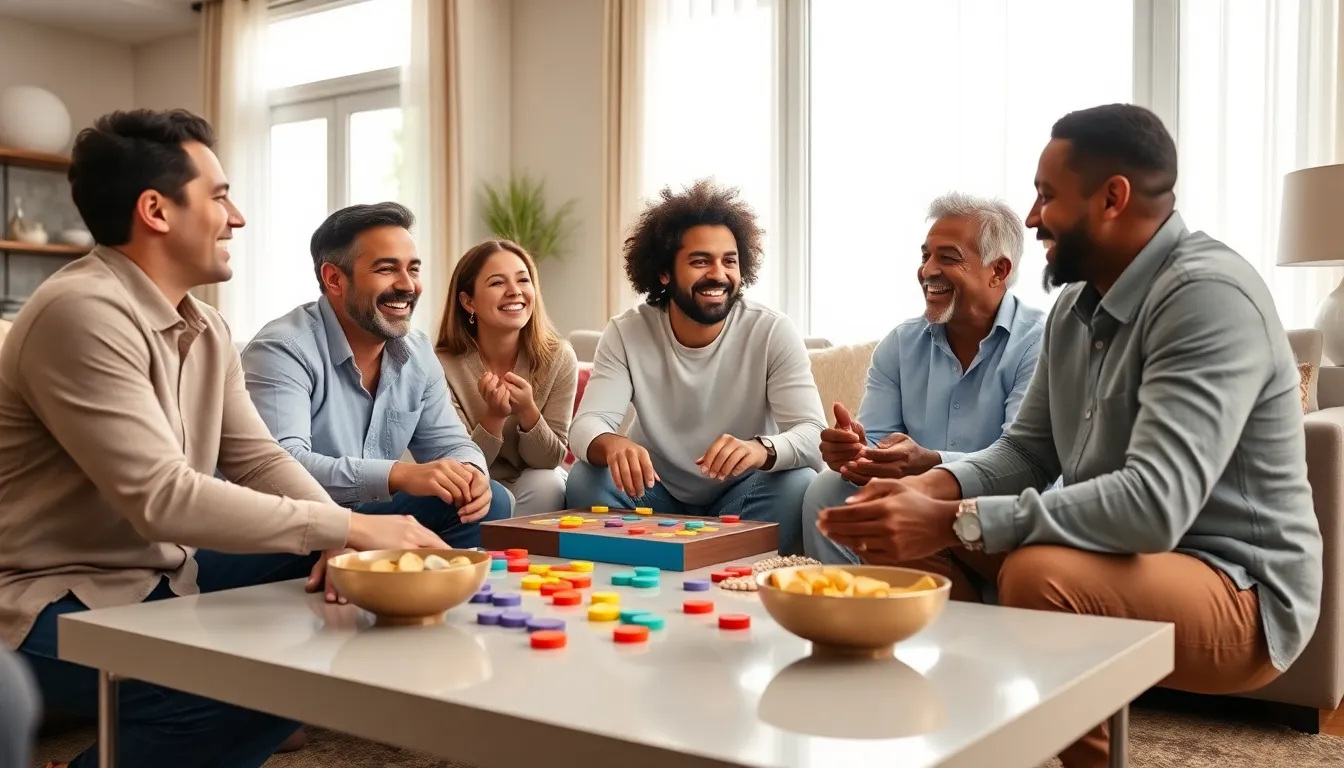 adults enjoying a board game in a cozy living room.