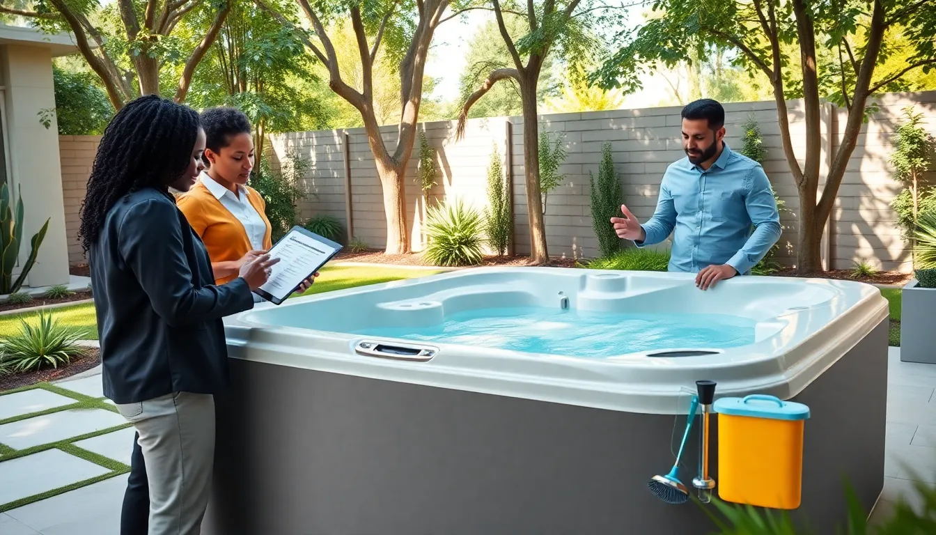 group discussing hot tub maintenance in a serene backyard setting.