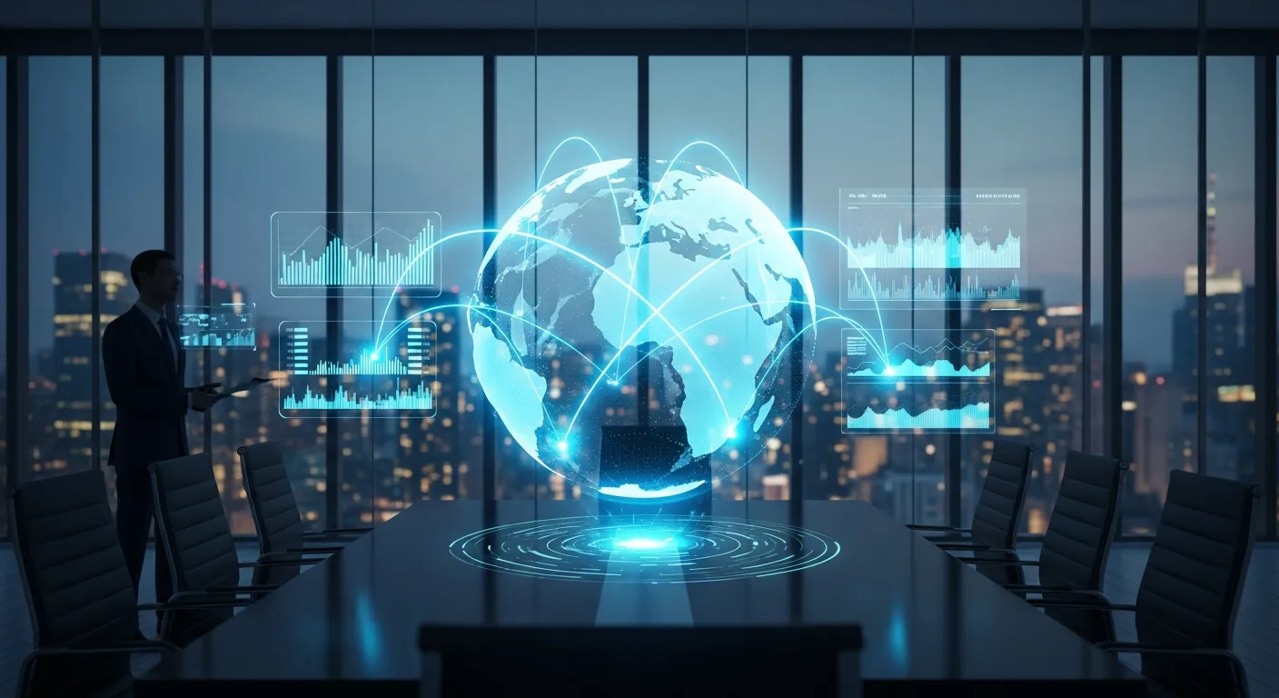 A futuristic holographic globe showing high-speed cross-border financial transactions in a modern office.