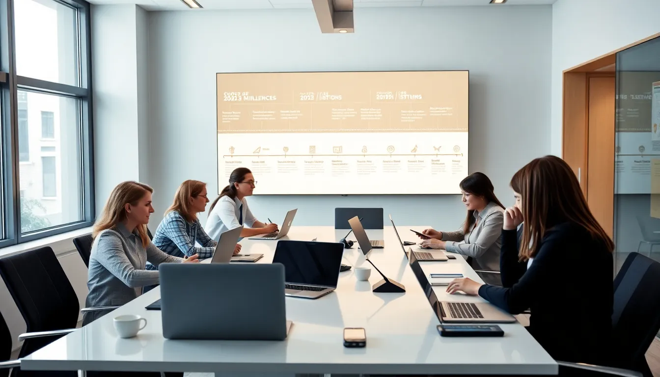diverse professionals discussing historical technology in a modern office.