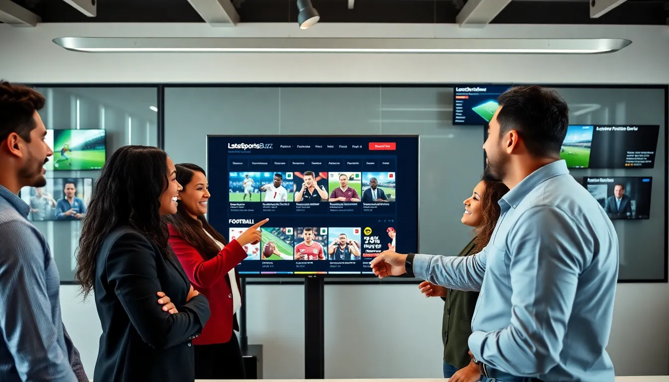 diverse professionals discussing football news in a modern office.