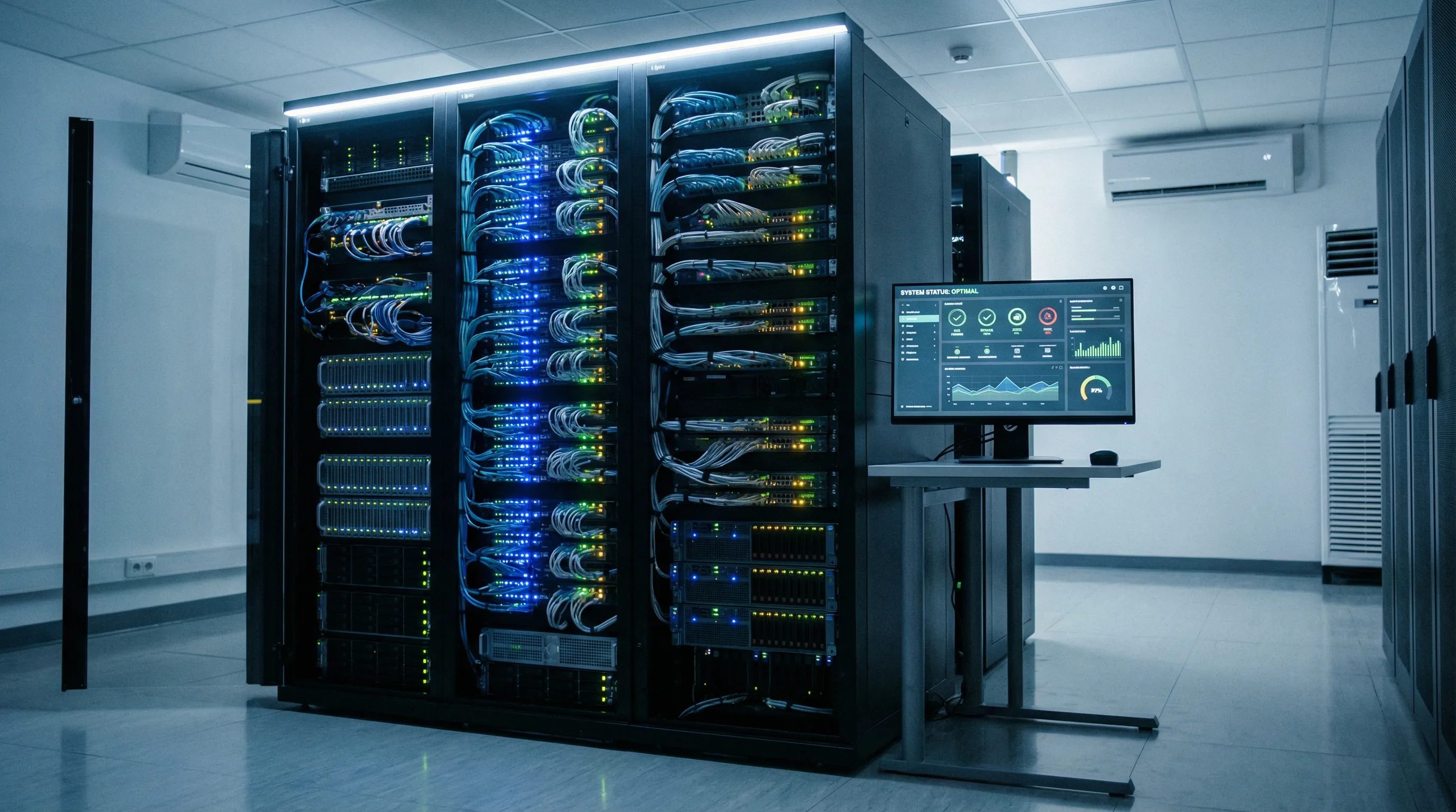 Secure data center with organized server rack and monitoring screen indicating a stable hosted website environment.