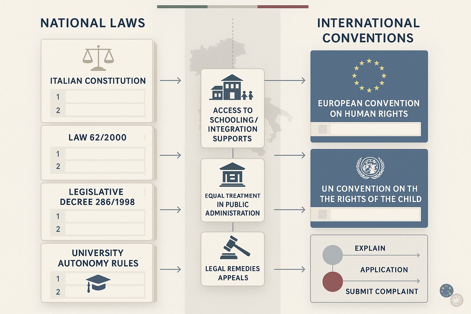 Diagramma che collega le leggi italiane e le convenzioni internazionali ai diritti degli studenti e ai rimedi.
