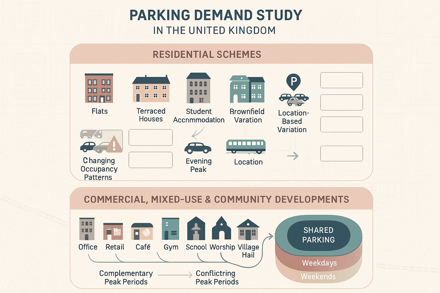 Infographic showing development types that benefit from a parking demand study.