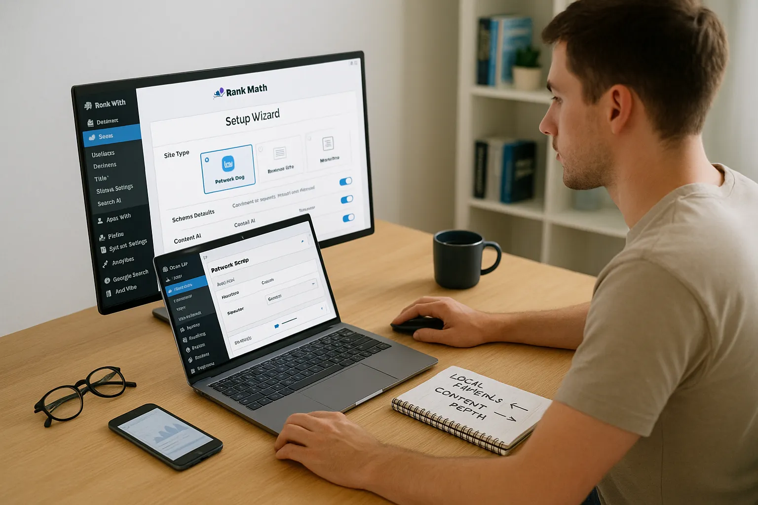 Marketer configuring Rank Math SEO checker in the WordPress dashboard on a laptop.