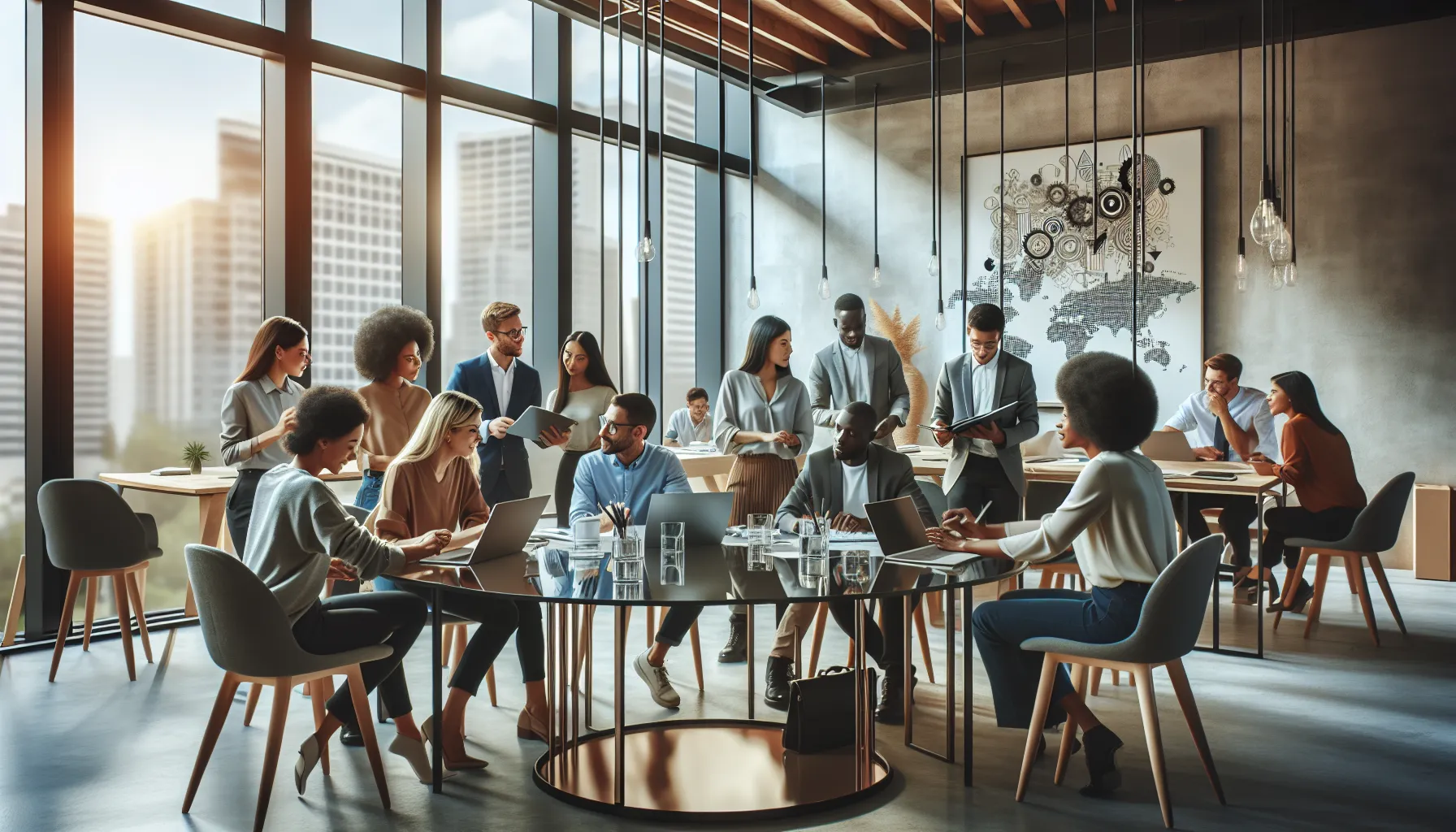 diverse team collaborating in a modern co-working space.