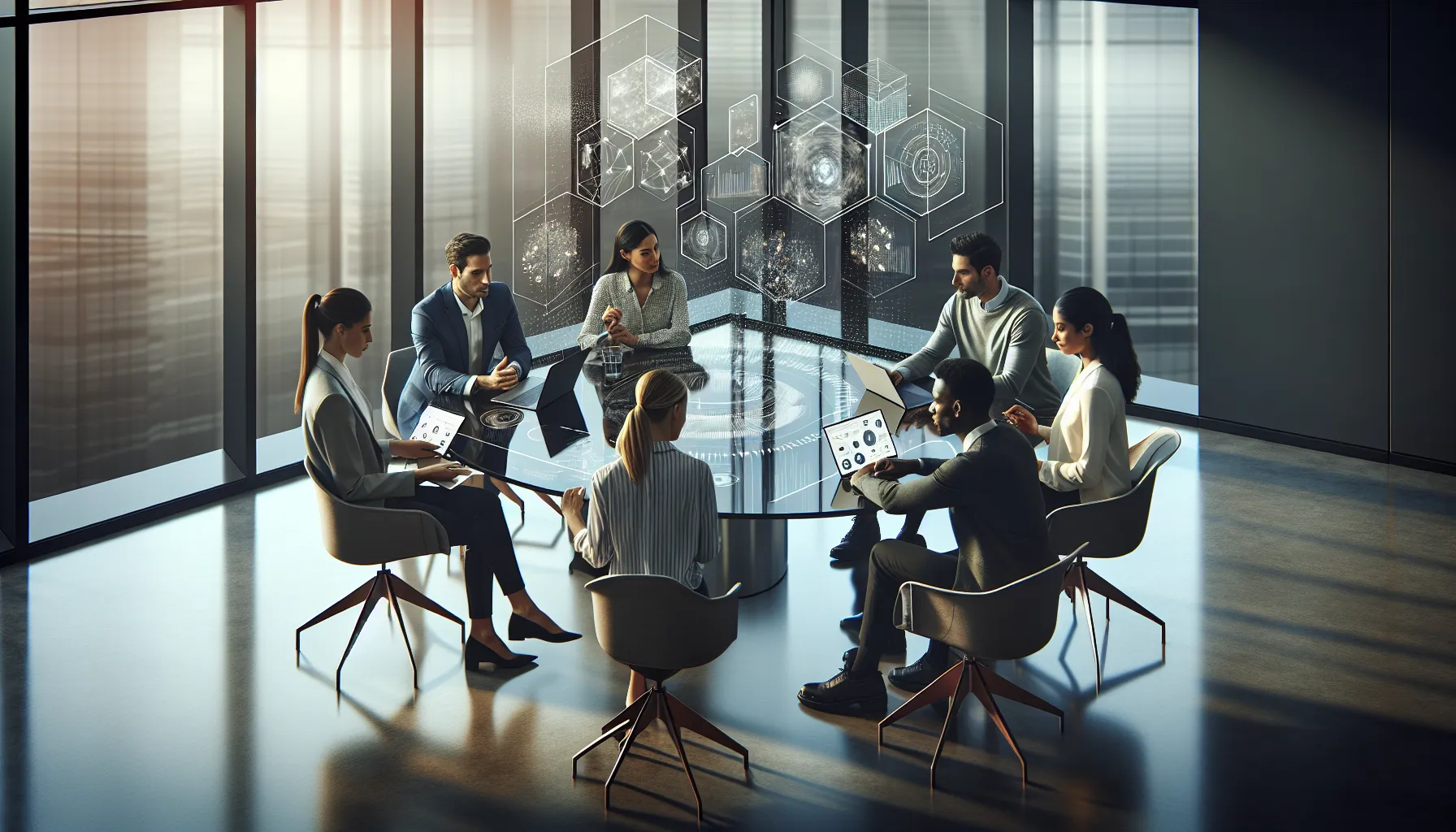 diverse team discussing technology in a modern office.