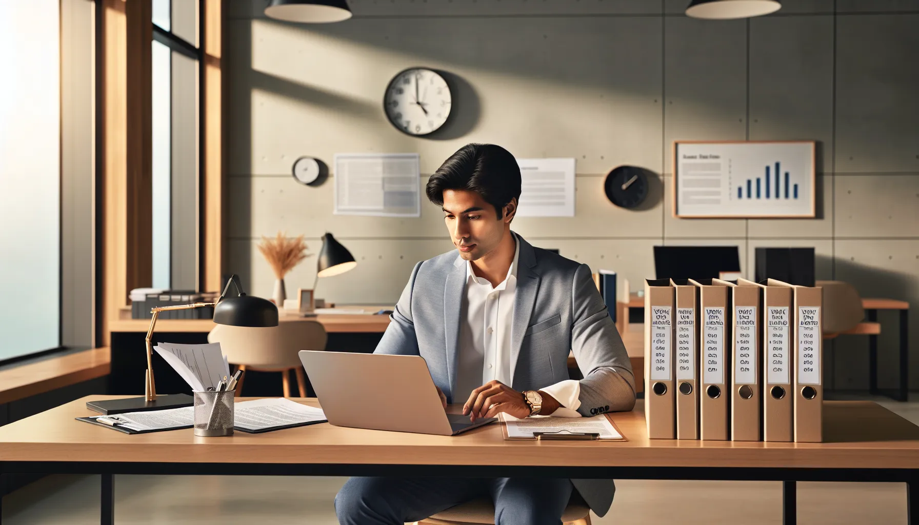 Croatian business owner reviewing work hour regulations at modern office desk