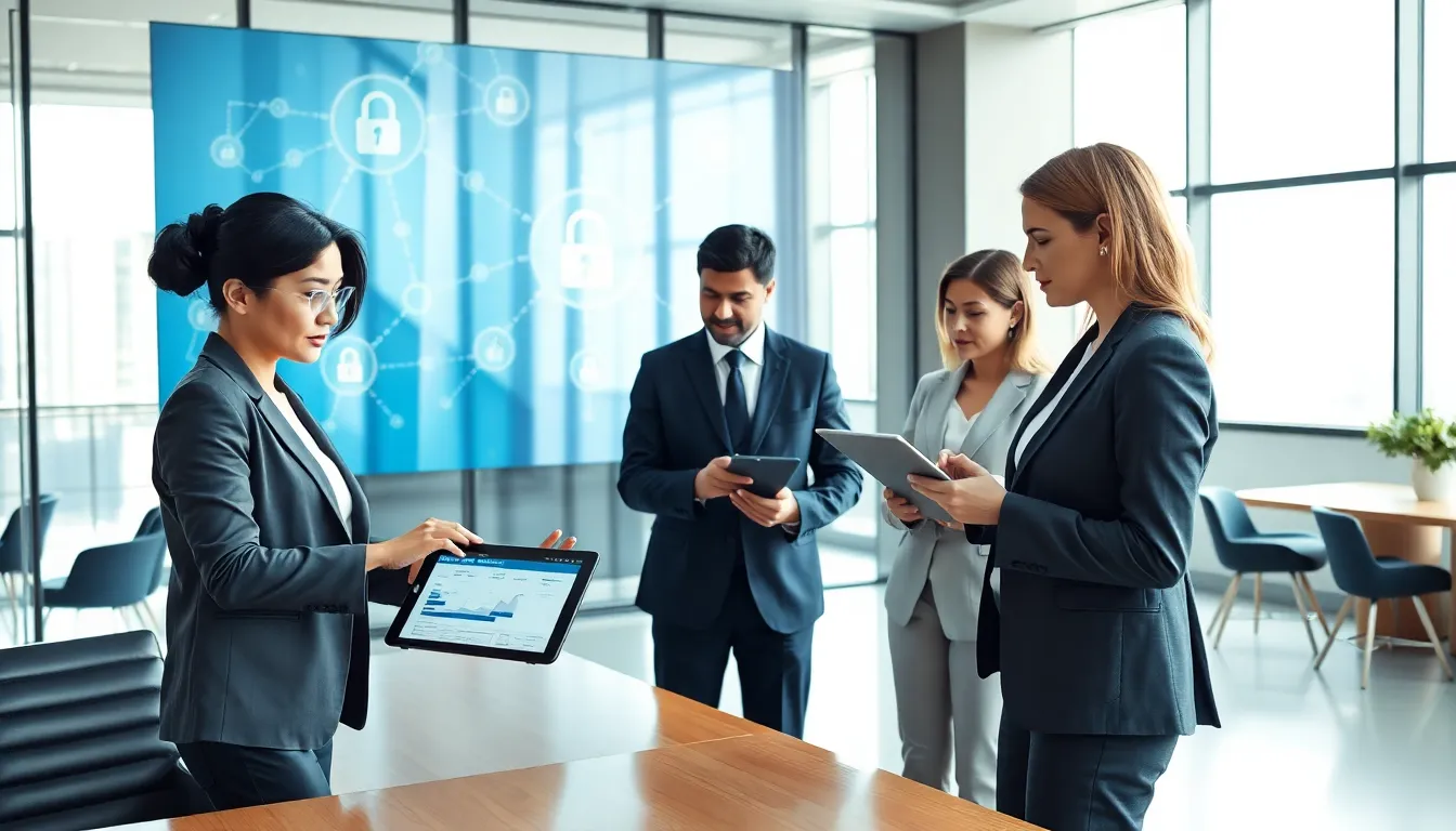 diverse professionals discussing blockchain payments in a modern office.